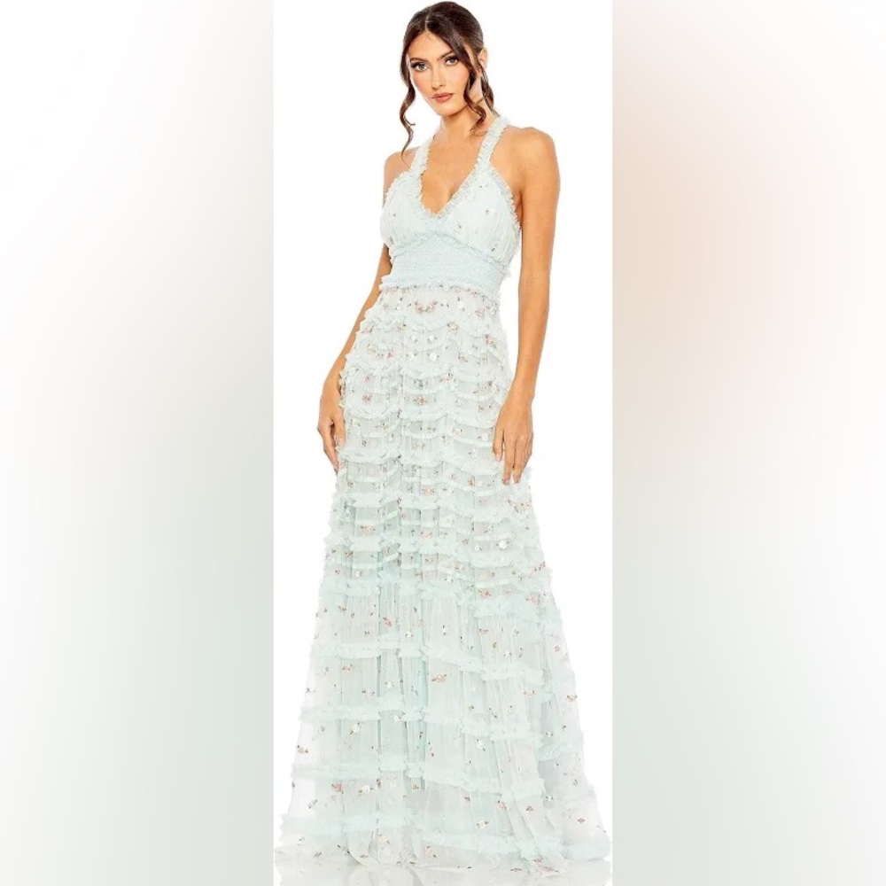 Embroidered Floral Light Blue Sleeveless Mac Duggal Gown